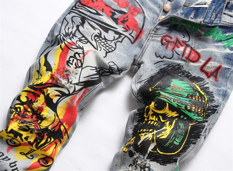 New Denim Mens Pants Punk Trend Retro Blue Broken Hole Slimming Stretch Printing and Dyeing Mens Jeans