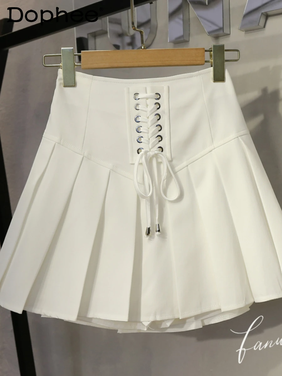 

Preppy Style White Pleated Skirt Women Fashion Lace Up High Waist Slimming Sport Tennis A- Line Mini Skirt Summer 2022 New Falda