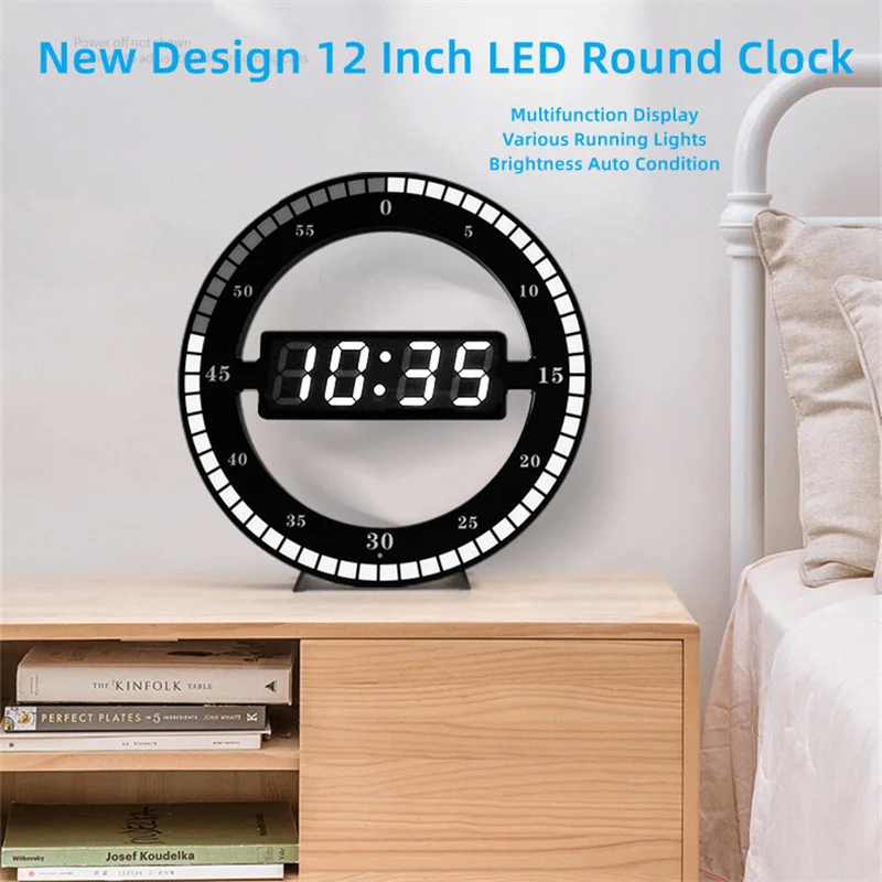 

ChuHan 12 inch 3D Digital Circular Luminous LED Wall Clock Alarm with Calendar Creative Jump Second LED Clock for Living Room