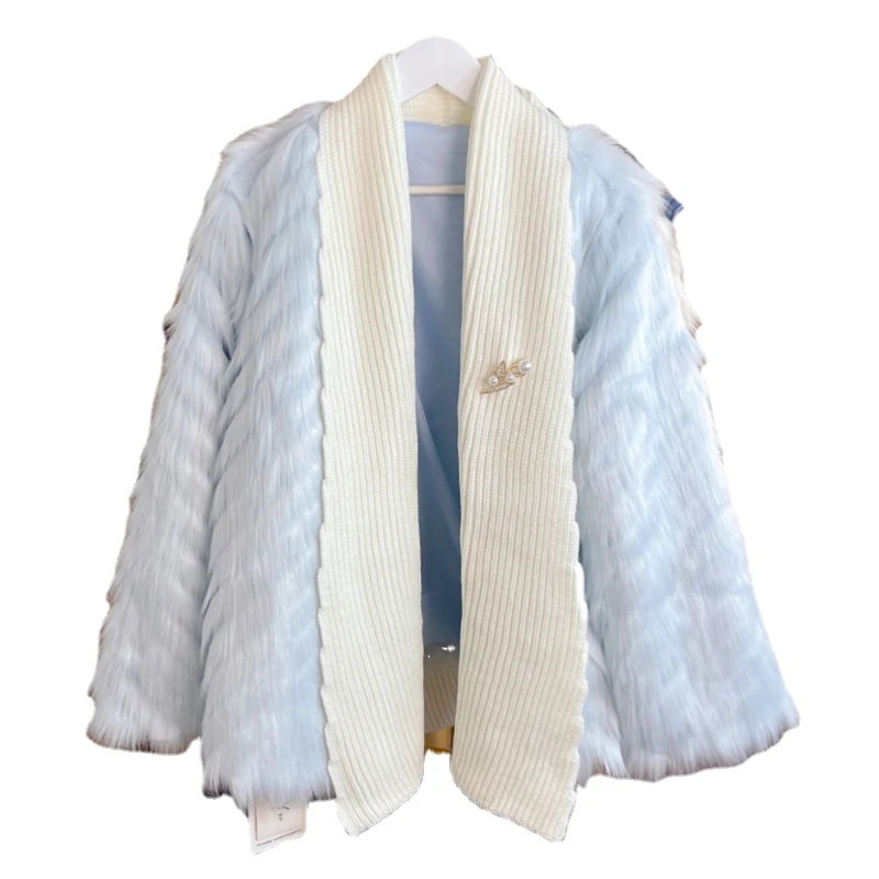 2022 Autumn and Winter Woven Imitation Fox Fur Coat Women Knitted Stitching Keep-Warm Luxury Long Fur Coats Street Overcoats