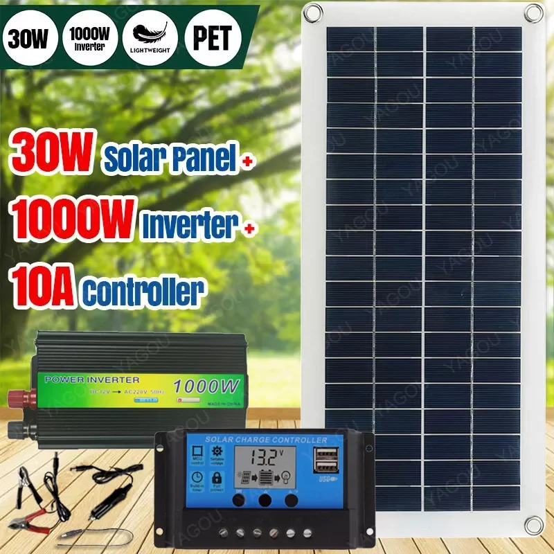 

2023New 220V Solar Power System 30W Solar Panel Battery Charger 1000W Inverter USB Kit Complete Controller 220V Home Grid Campin