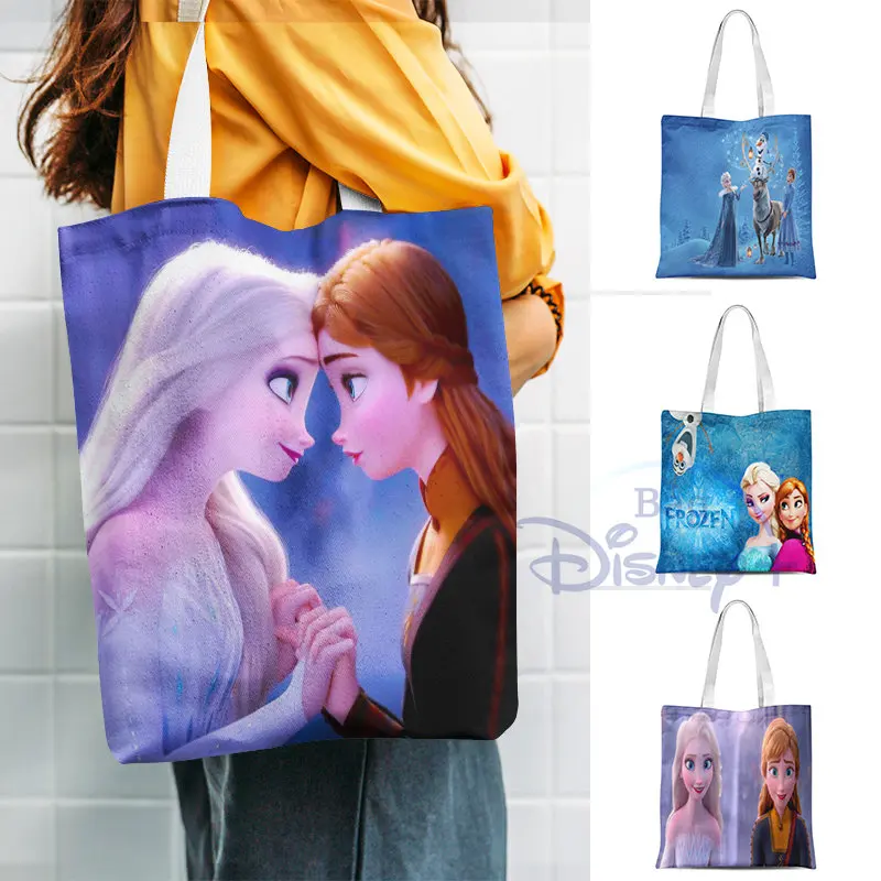 

Disney Cartoon Frozen Canvas Shoulder Bag Freezing Theme Anna and Elsa Printing High Capacity Handbags Girlfriend Custom Bags