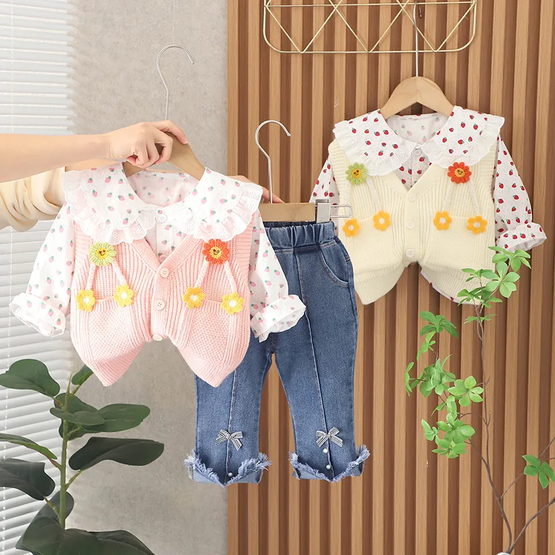 

Larua Kors New 2023 Korean Clothing Set Spring Cotton Long Sleeve Flowers Strawberry Denim Pants 3 Pcs Sets Boys Clothes 12M-5T