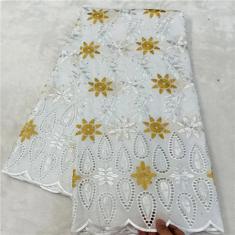 

5 Yard High Quality Dry Lace Fabric 2023 Latest Heavy Beaded Embroidery African 100% Cotton Swiss Voile Popular Dubai Style HL82