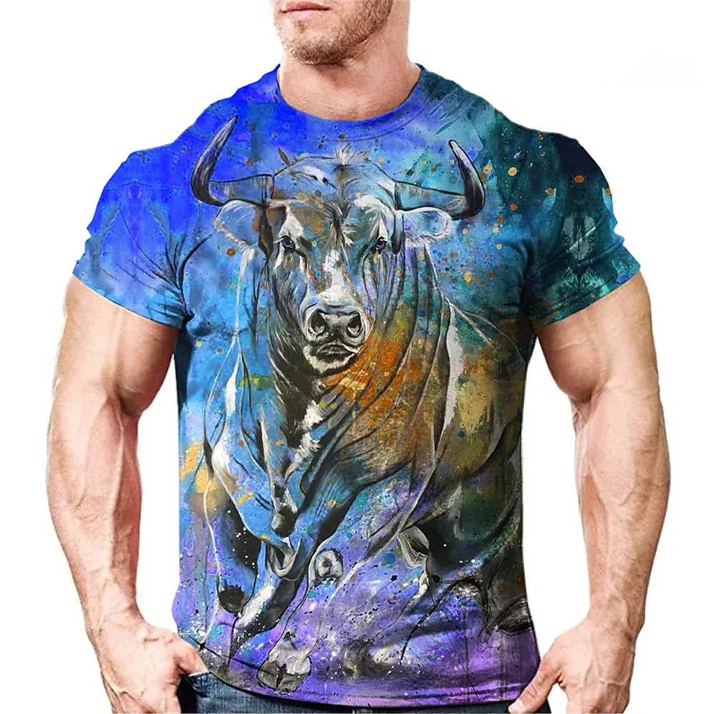 

Animal Colorful Bulls 3D Print Men's T-shirts Summer Casual Loose Round Neck Polyester Short Sleeve Sports Tee Men Clothiing 6XL
