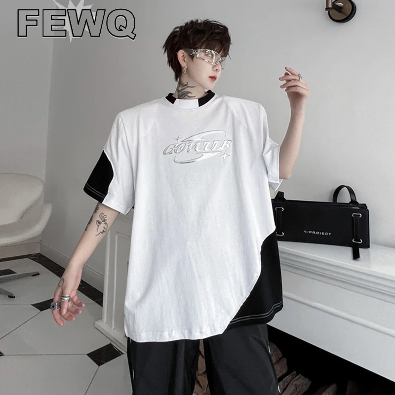 

Мужская футболка с коротким рукавом FEWQ, разноцветная футболка контрастных цветов с принтом на плече, футболка в Корейском стиле, новинка, 9A8982