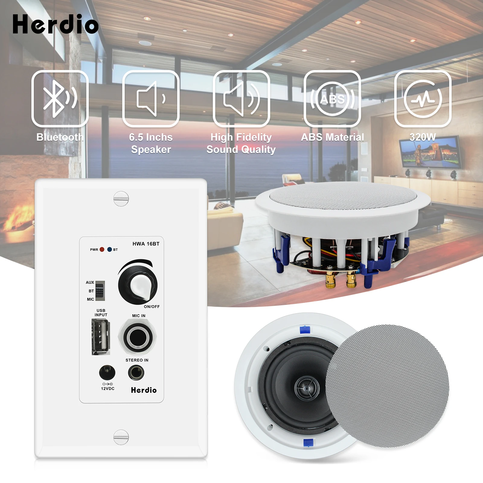 

Herdio 6.5inch in Ceiling Speakers 320W 2-Way Flush Mount with Bluetooth Wall Mount Amplifier Receiver for Home Theater Bathroom