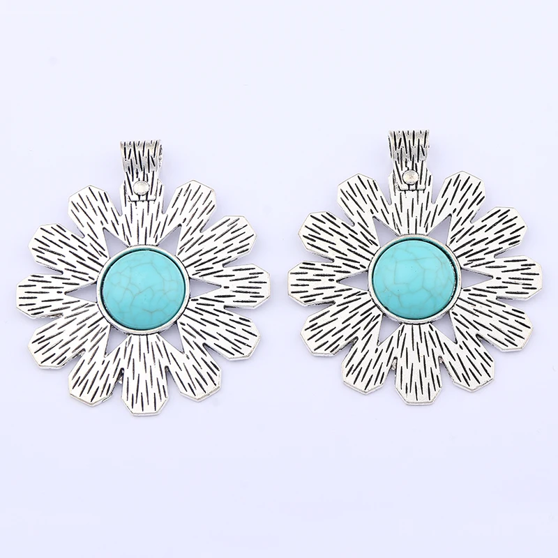 

1Pc Tibetan Silver Faux Turquoise Stone Large Flower Charms Pendants For DIY Necklace Jewelry Making Findings Accessories