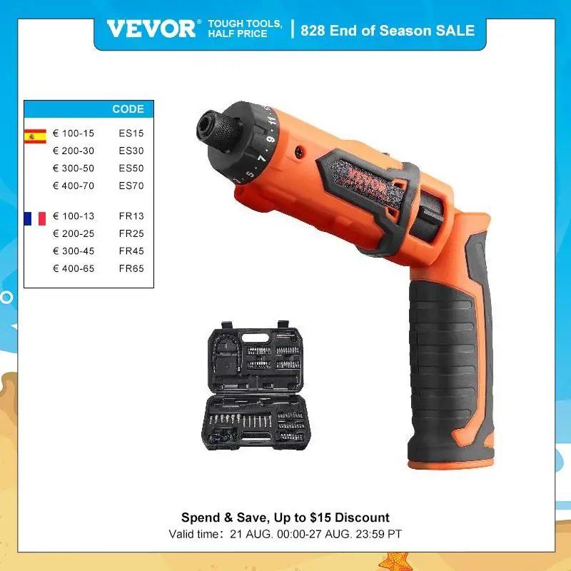 VEVOR 4V 6.5Nm Cordless Screwdriver Electric Screwdriver Rechargeable Set with 11 Accessory Kit and Charging Cable LED Light