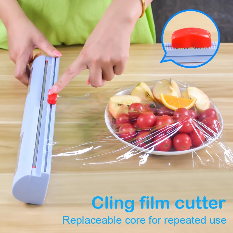 

Newly Plastic Wrap Dispenser With Slide Cutter Reusable Foil & Sealing Film Cutter Kitchen Storage Accessory Adjustable Length