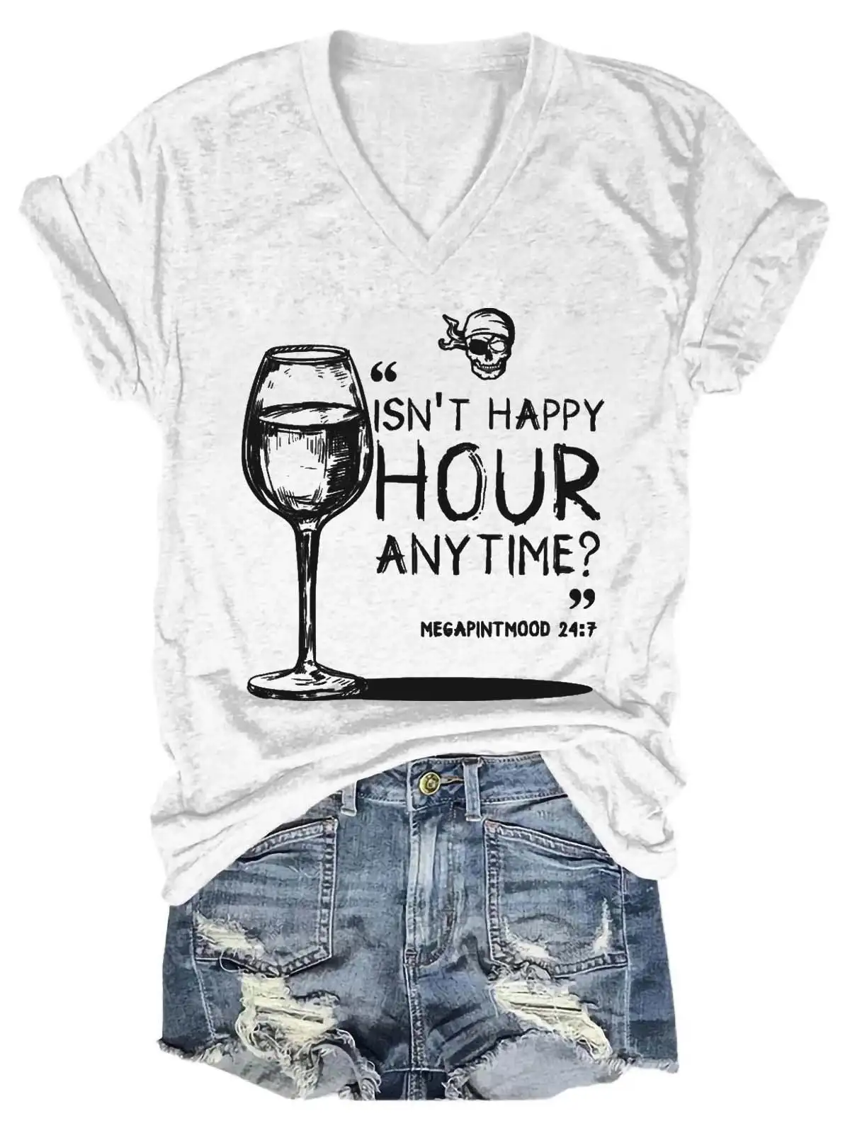 Женская футболка с V-образным вырезом и мемом в любое время виде Мега пинта |