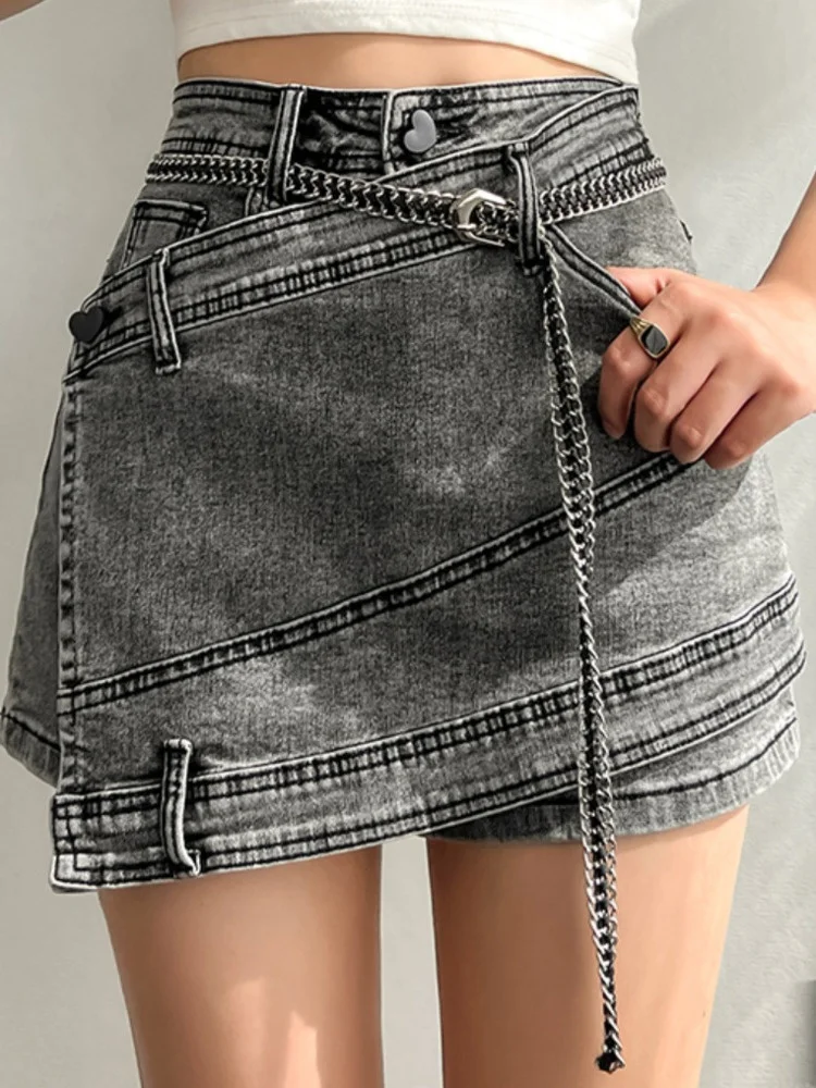 

Fashion Women's Denim Skirt New High Waist Irregular Chain Spliced Gray Above Knee Skirts Female Tide Summer 2023 M848