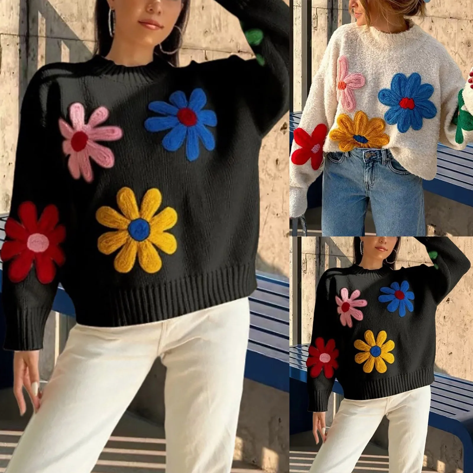 Женский жаккардовый вязаный свитер с лепестками цветов новый цветочным принтом