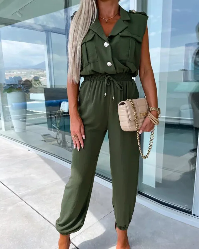 

Notched Collar Sleeveless Cuffed Jumpsuit Women Summer Autumn Button Lace Up Pocket Turn Down Collar Solid Color