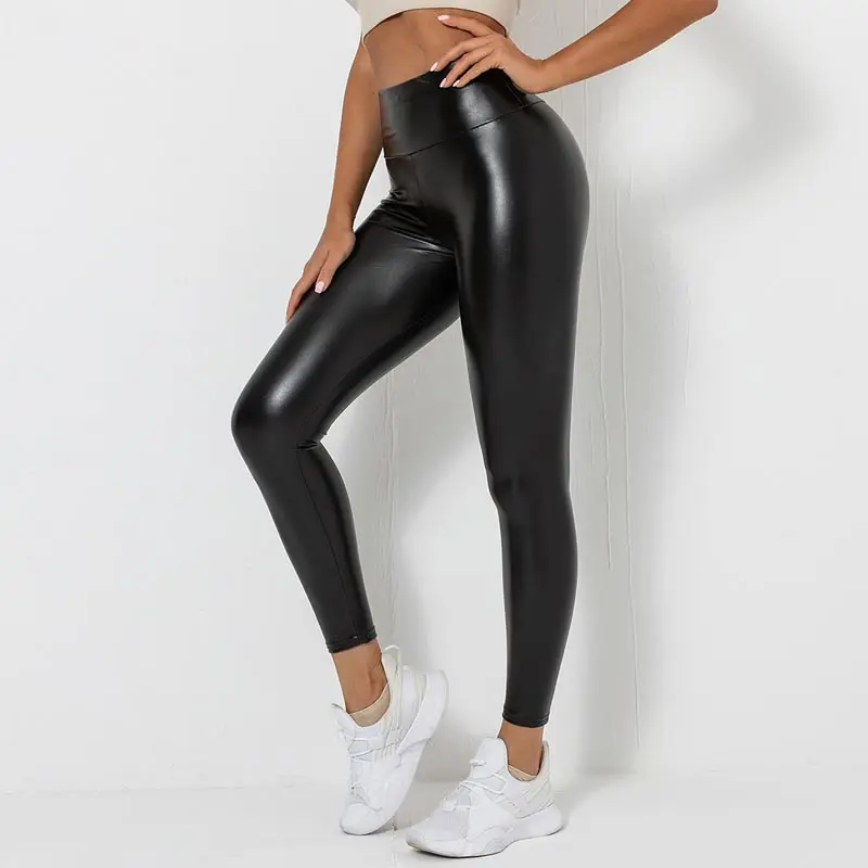 Women Tight Butt Lift PU Elastic Leather Leggings High Waist Gather Hip Lift Yoga Clothes Fitness Sports Leggings Plus Size