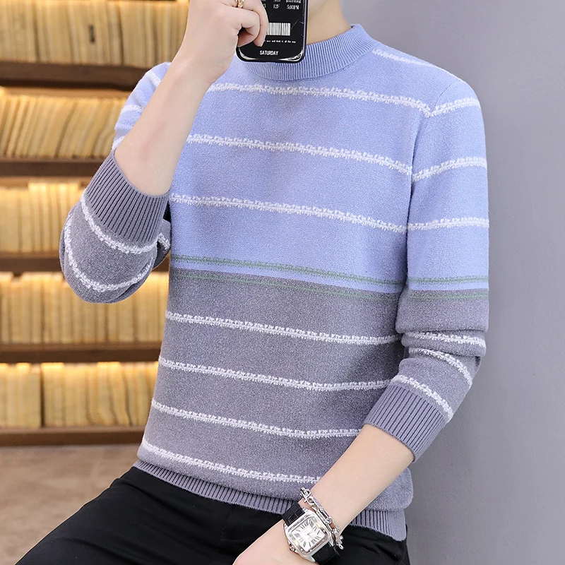 

Autumn Youth Fashion Top Sweater Round Collar Keep Warm Patchwork Color Long Sleeve Winter Thick Korean Style Slim Fit Pullovers