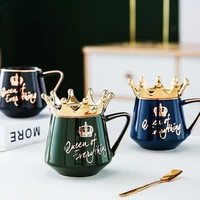 nordic style creative crown ceramic mug with spoon lid coffee milk cup ins cute mug 300ml capacity office water cup couples gift