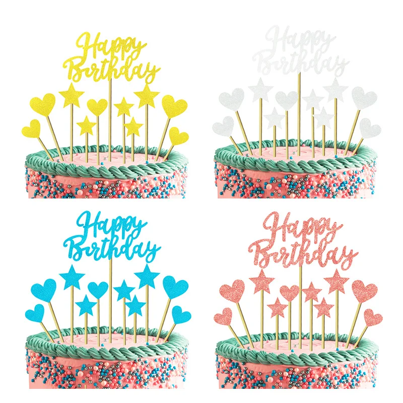 

11PCS/lot Paper Flower Star Love Heart Cake Topper Set DIY Kids Happy Birthday Wedding Party Cake Decoration Topper Accessories