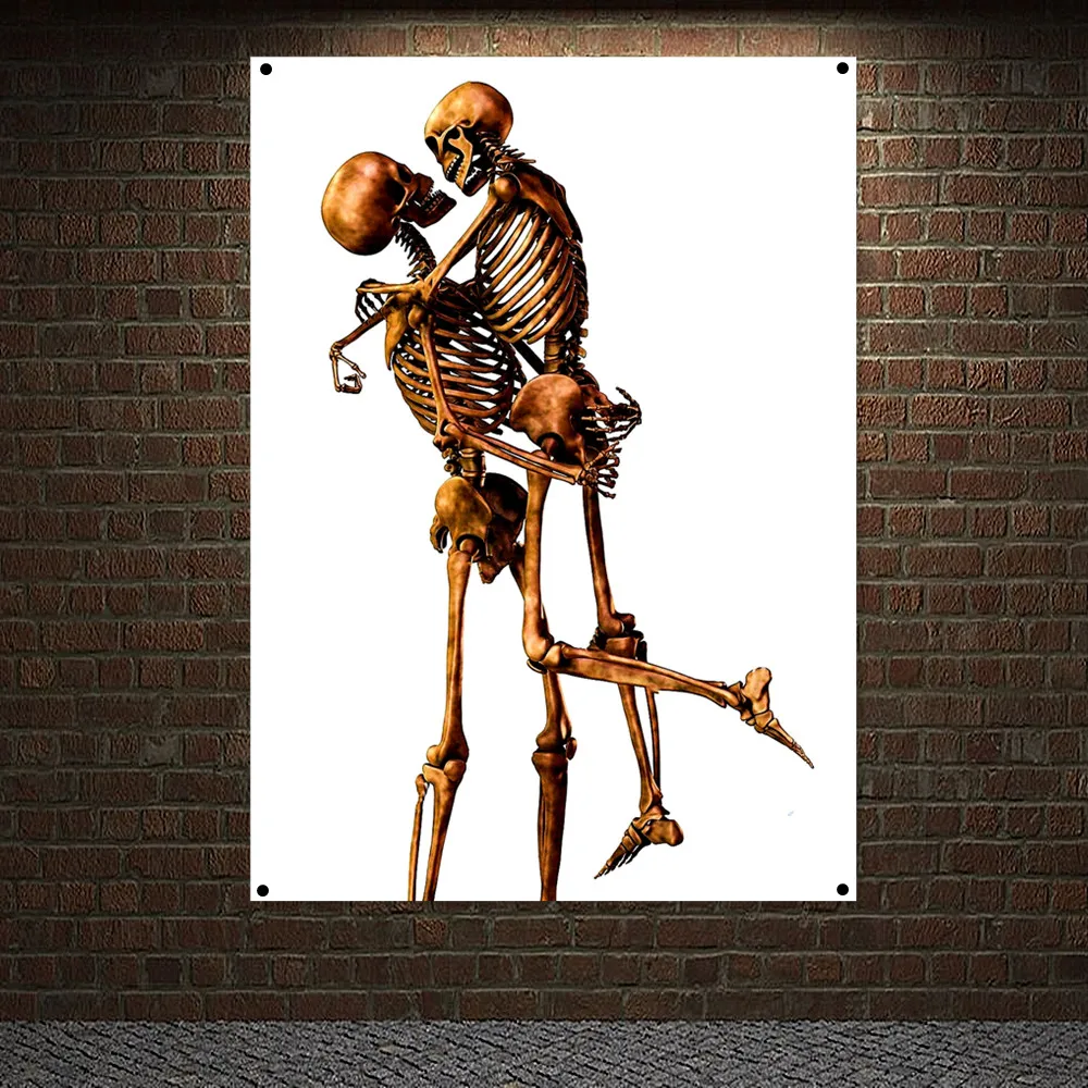 

Skeleton Lovers in Intimate Pose Banner Flag Wall Art Home Decor Hanging Cloth Couple Skull Art Poster White Background Tapestry