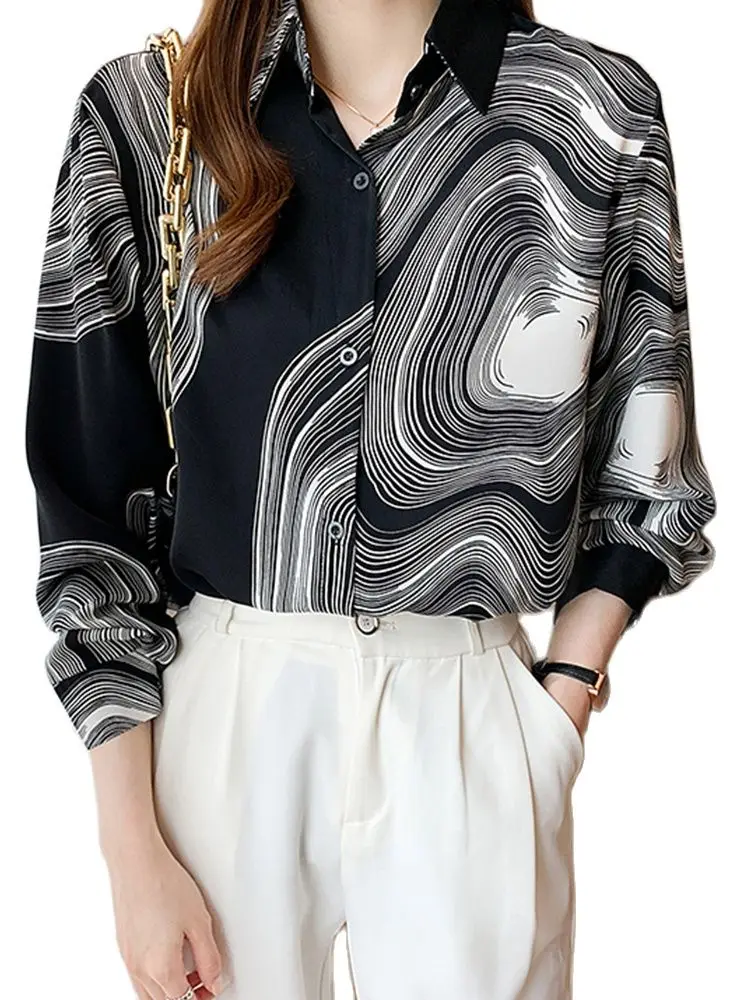 

Повседневная шифоновая рубашка в стиле ретро, Свободный топ с длинными рукавами и рисунком чернил, новинка весны 2022, модная женская одежда в...