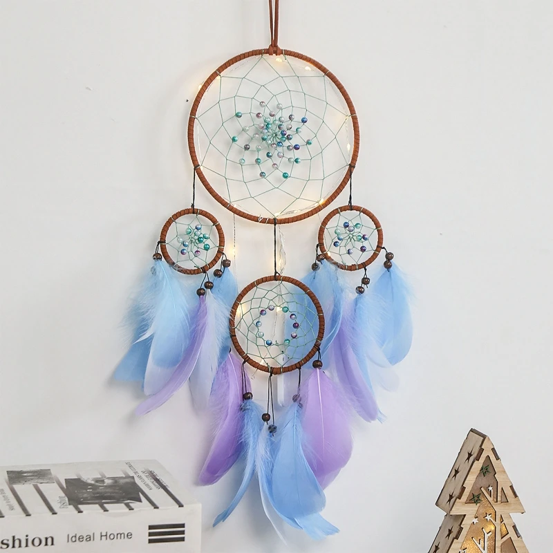 Dream Catchers with 4 Rings Woven Beaded Circular Net Colorful Feather Tassel Wind Chimes Indian Wall Hanging Ornament