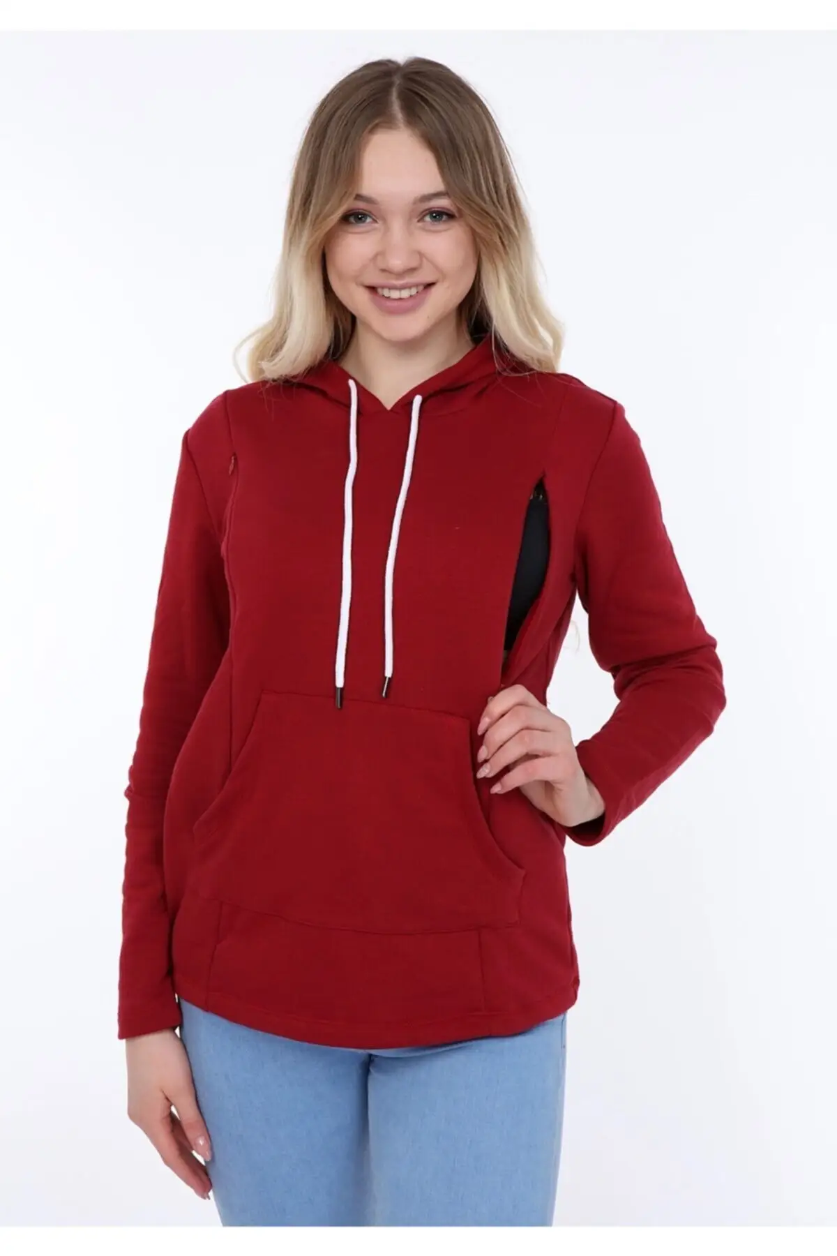 

Maternity Fashion women's Claret Red Cotton Side Zipper Postpartum Breastfeeding Sweatshirt