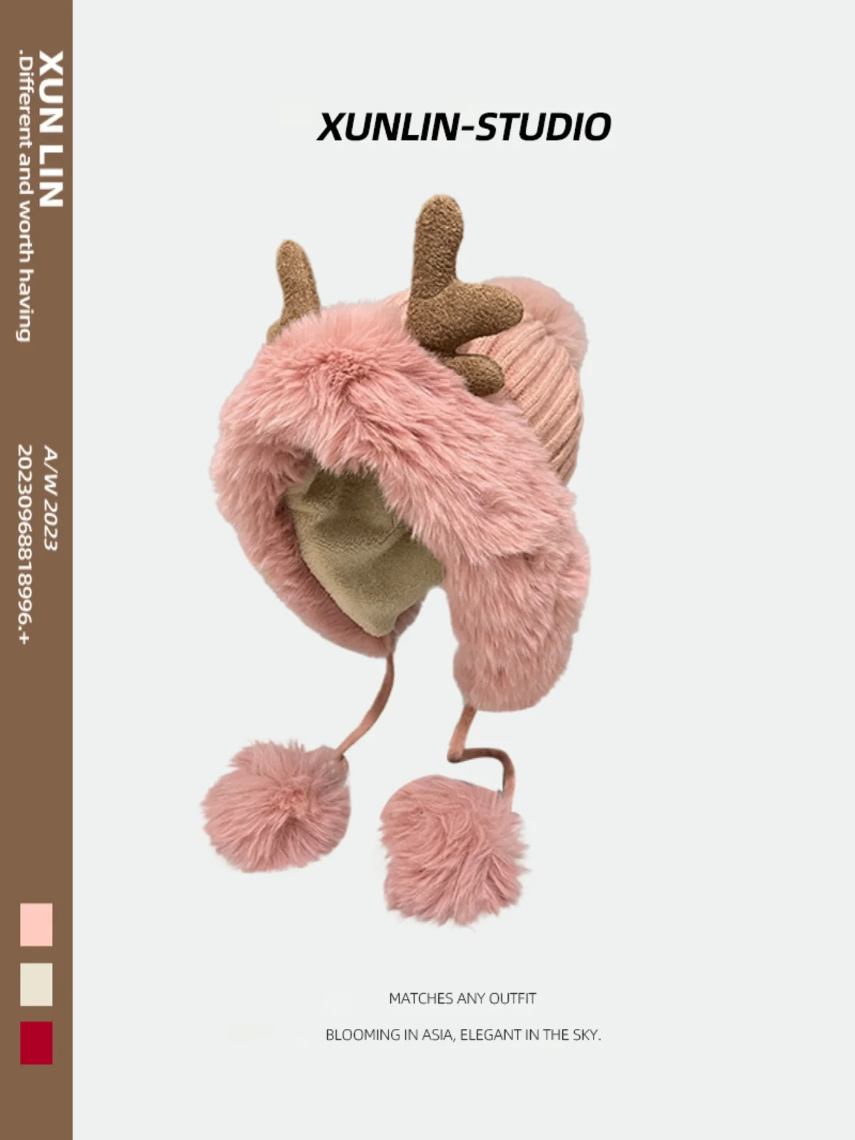 Christmas Chic Antler Hat Female Winter Cycling Cute Fur Ball Lei Feng Fleece-lined Warm Earmuff Knitted Woolen Cap