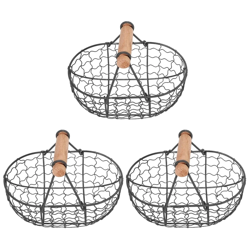 

3X Wooden Handle Metal Retro Basket Portable Multi-Function Vegetable Fruit Egg Groceries Practical Storage Basket Black