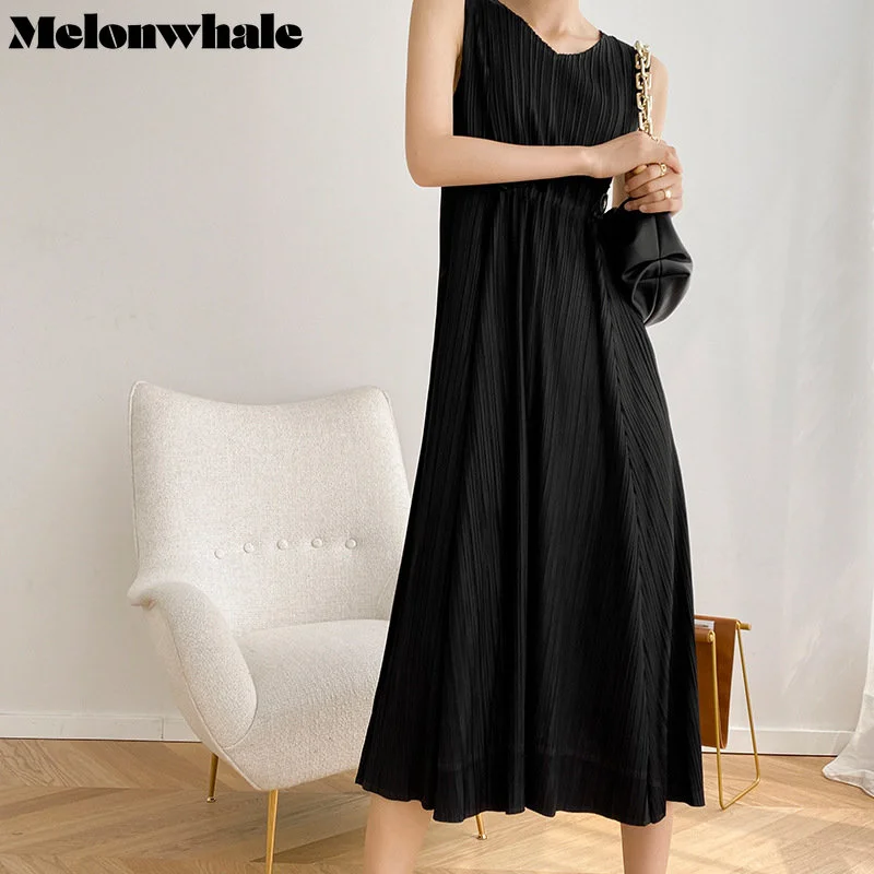 MelonWhale Pleated Sleeveless Drawstring Women Dress V-Neck Solid Elegant Slim Female Vestidos 2023 Summer Dresses for Woman