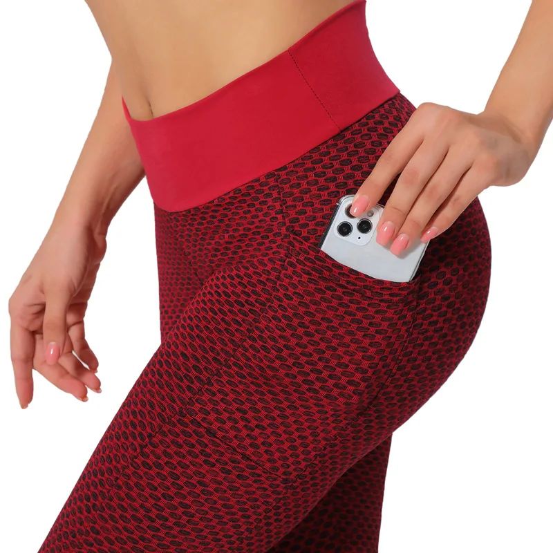 

Jacquard Pants Pocket High Waist Tights Fitness Sexy Hip Leggings Fitness Honeycomb Pants Cropped Pants Women Workout Leggings