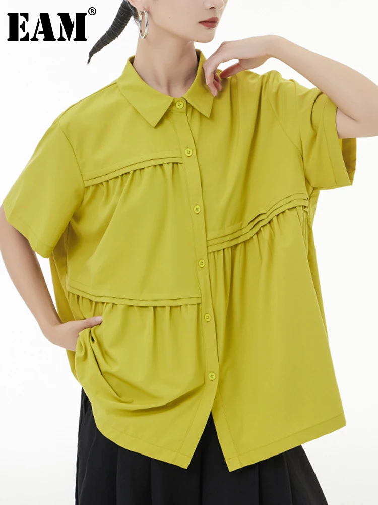 

[EAM] Women Yellow Pleated Big Size Elegant Blouse New Lapel Short Sleeve Loose Fit Shirt Fashion Spring Summer 2023 1DF0162