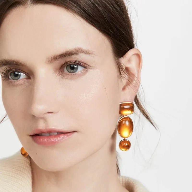 Набор геометрических янтарных зеленых драгоценных камней серьги нишевой дизайн