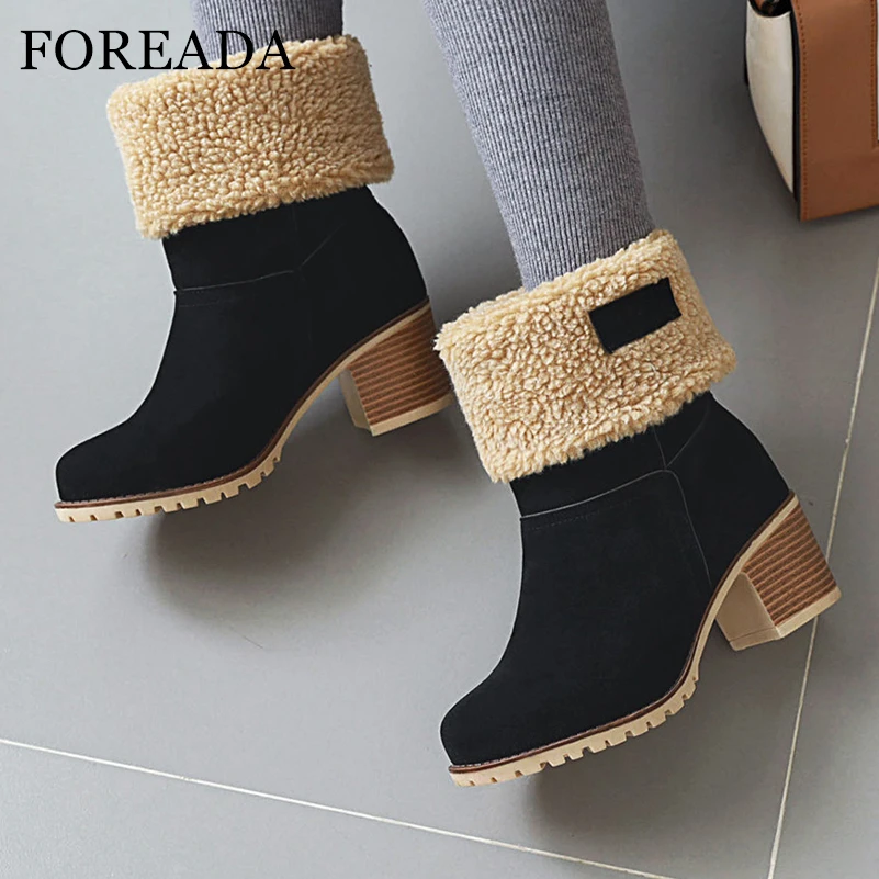 

FOREADA Women Ankle Boots Round Toe Chunky High Heels Short Boots Ladies Fashion Casual Shoes Winter Orange Khaki Green 43