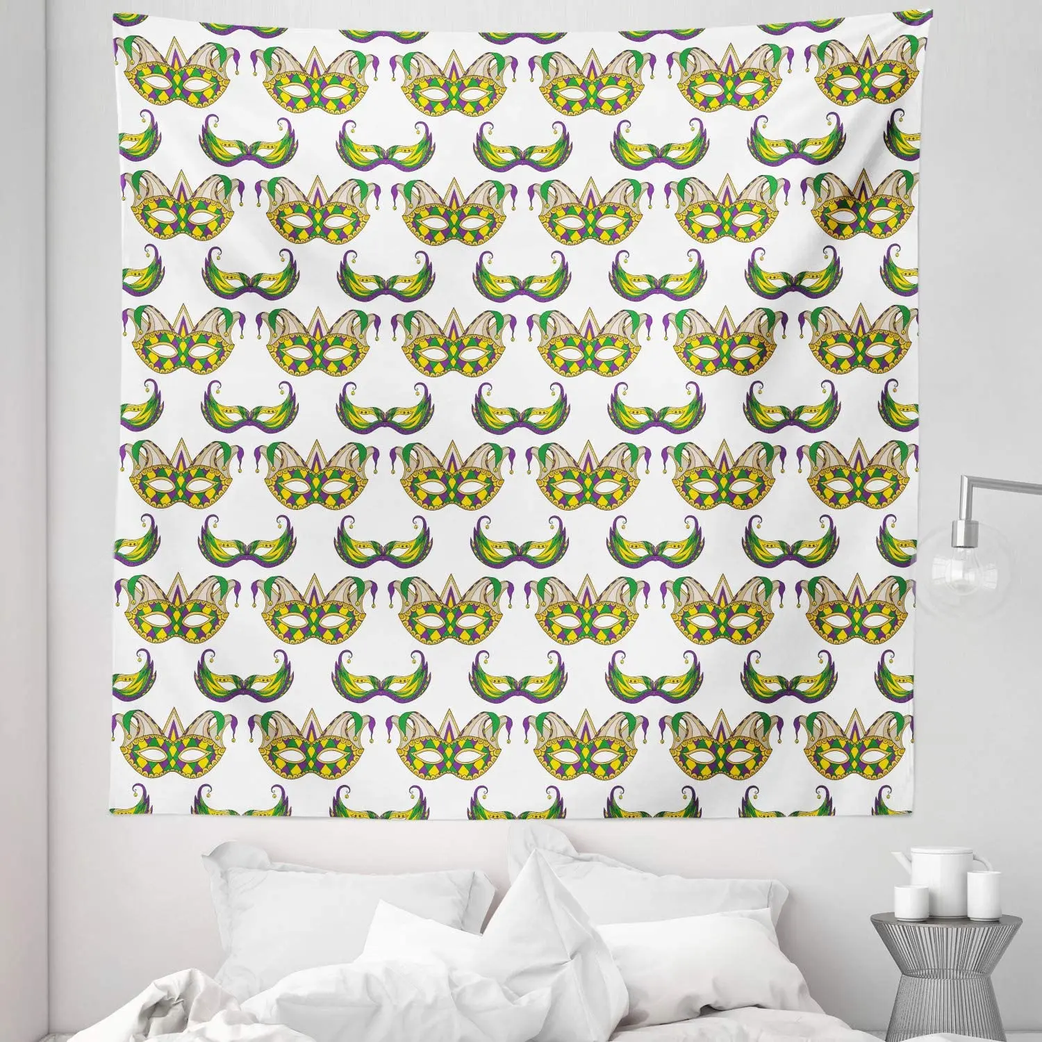 

Mardi Gras Tapestry Queen Size, Pattern withs Traditional Carnival Celebration Costume, Wall Hanging Wall Decor