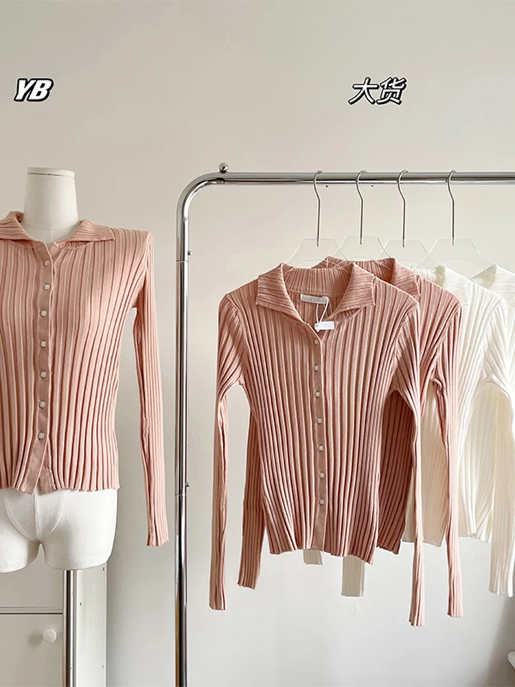 

Дизайнерский Однотонный женский трикотажный облегающий кардиган с лацканами и длинным рукавом, классический вязаный кардиган, свитер, новинка сезона осень-зима 2022