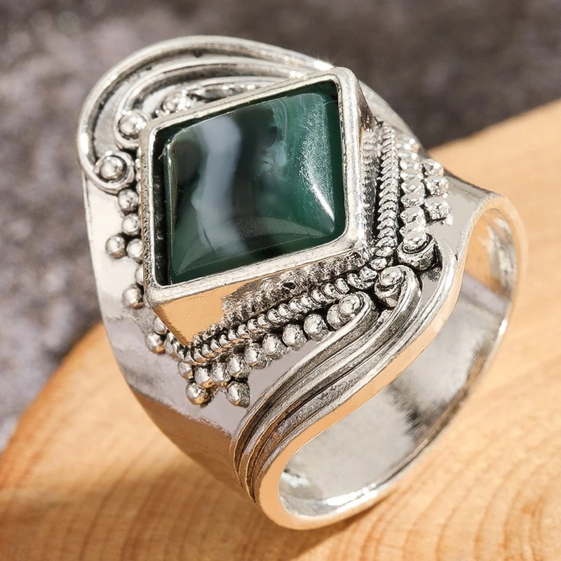 

European and American retro natural turquoise alloy ring, ethnic style antique carved exaggerated ring