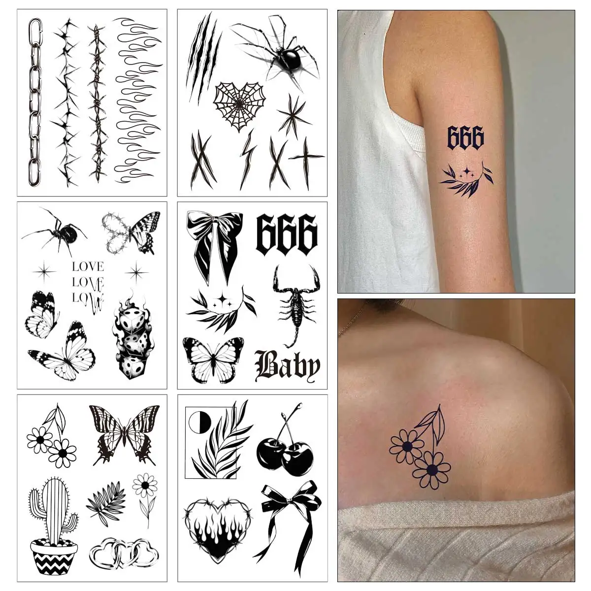 6 шт. временные татуировки в готическом стиле панк дизайн бабочки и пламени