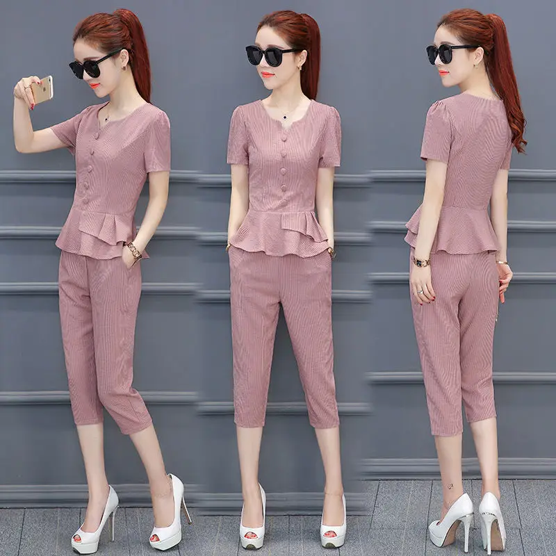 

New 2 Pcs/Set Lady Outfit Set Trendy Two-piece Lady Jacket Trousers Suit Solid Color Matching Lady Outfit Set Casual T994