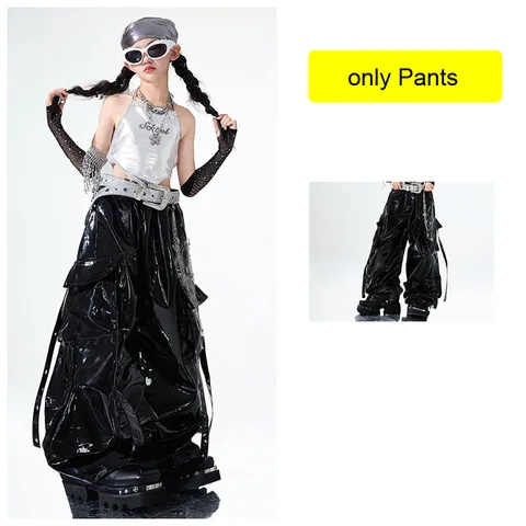 Сценический костюм для джазового танца для девочек, серебристые топы, черные кожаные брюки