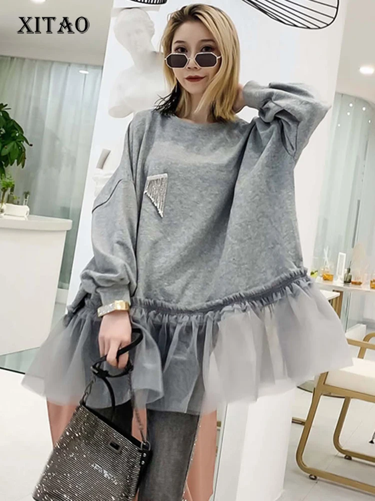 

XITAO Tide Patchwork Mesh Pleated Sweatshirt Diamonds Women Clothes 2019 Elegant Fashion Pullover Top Autumn Korean WQR1548