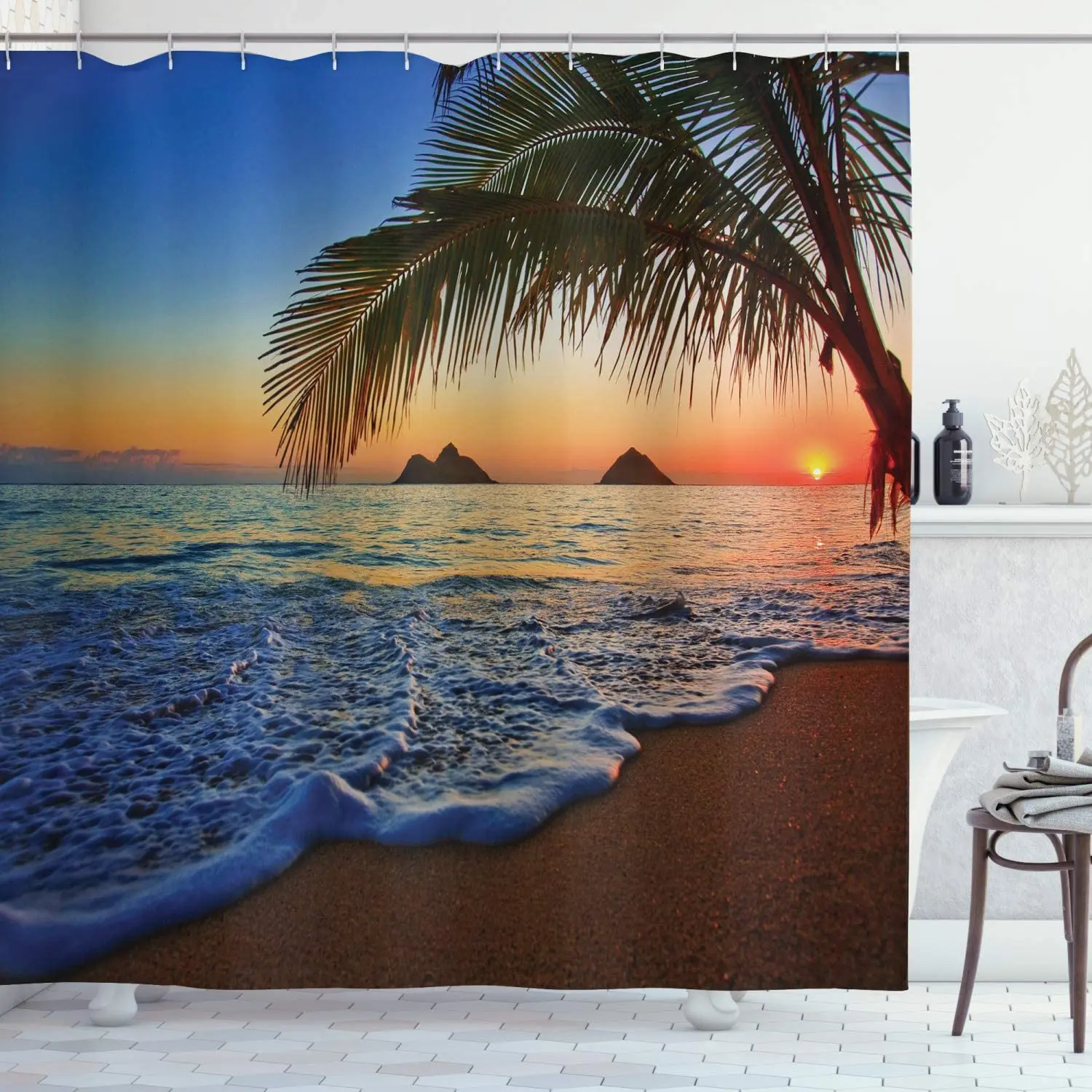 

Hawaiian Shower Curtain, Pacific Sunrise at Lanikai Beach Hawaii Colorful Sky Wavy Ocean Surface Scene, Cloth Fabric B