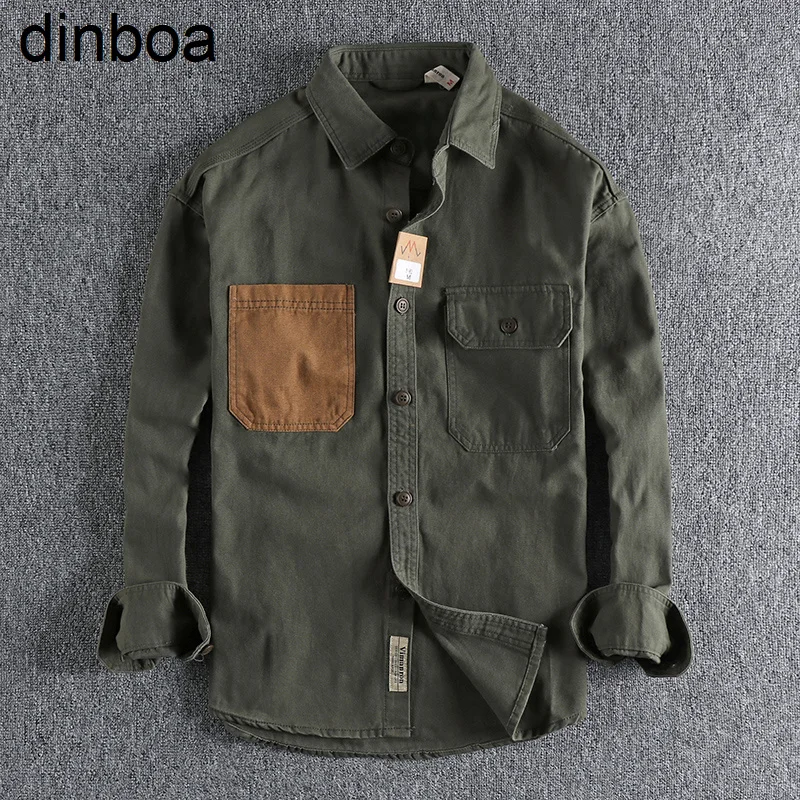 

Dinboa-2022 Men T-shirt Sleeve Patch Washed Grain Woven Cotton Long Sleeve Shirt Men's Daily Tooling Retro Trend Youth Thin Coat