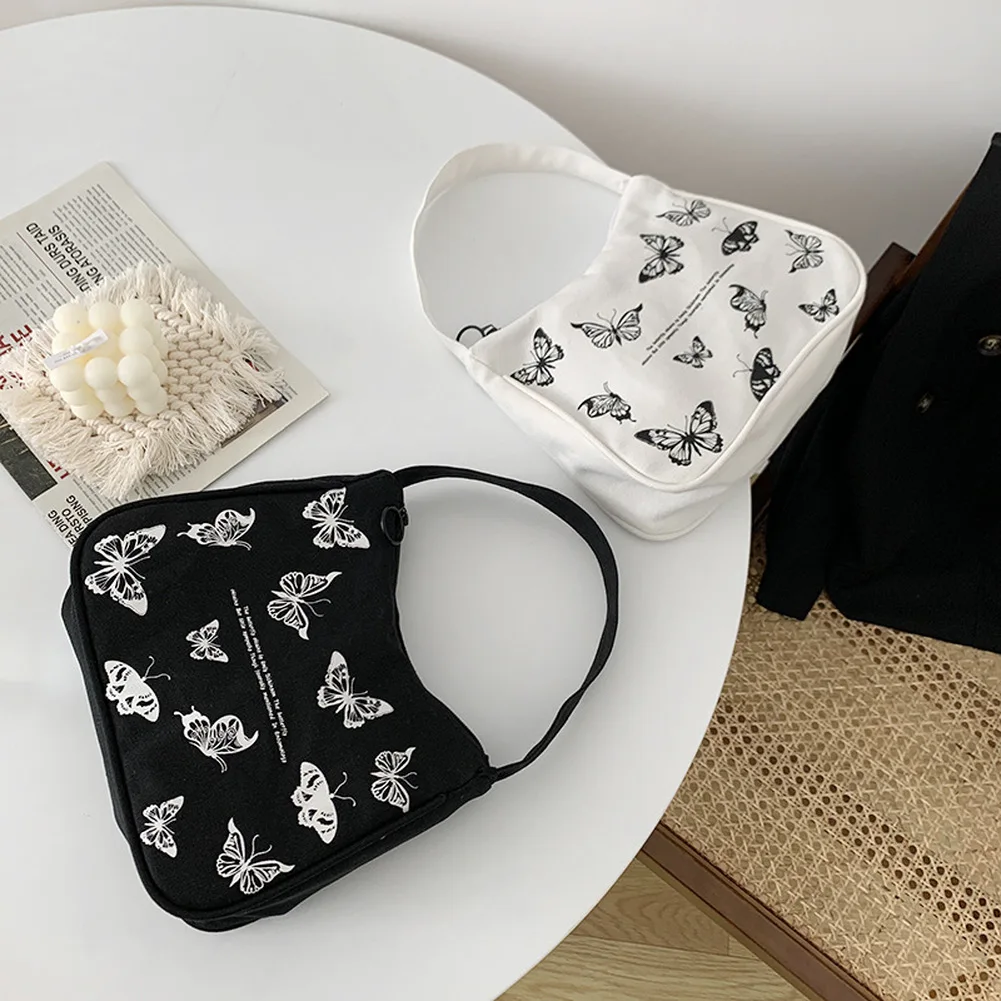 

New Spring Women Small Handbag Butterfly Print Canvas Tote Ladies' Fashion Underarm Bag Zipper Half Moon Bags Cotton Cloth Purse