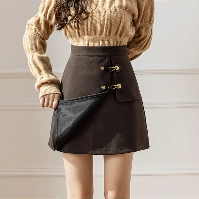 

Autumn Woolen Skirts Women Elegant Slim Pencil Skirt Thicken A-Line Casual Mini Skirt Designer Buttons Vintage Harajuku Slim