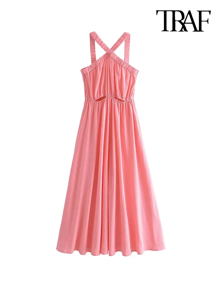 

TRAF Women Fashion Front Hollow Out Pleated Midi Dress Vintage Backless Elastic Straps Female Dresses Vestidos Mujer