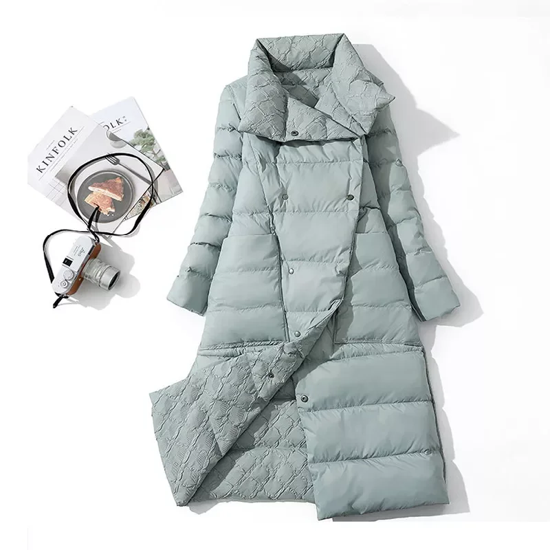Winter Women Double Sided Feather Long Jackets 90% White Duck Down Coat Puffer Warm Plaid Parkas Snow Outwear