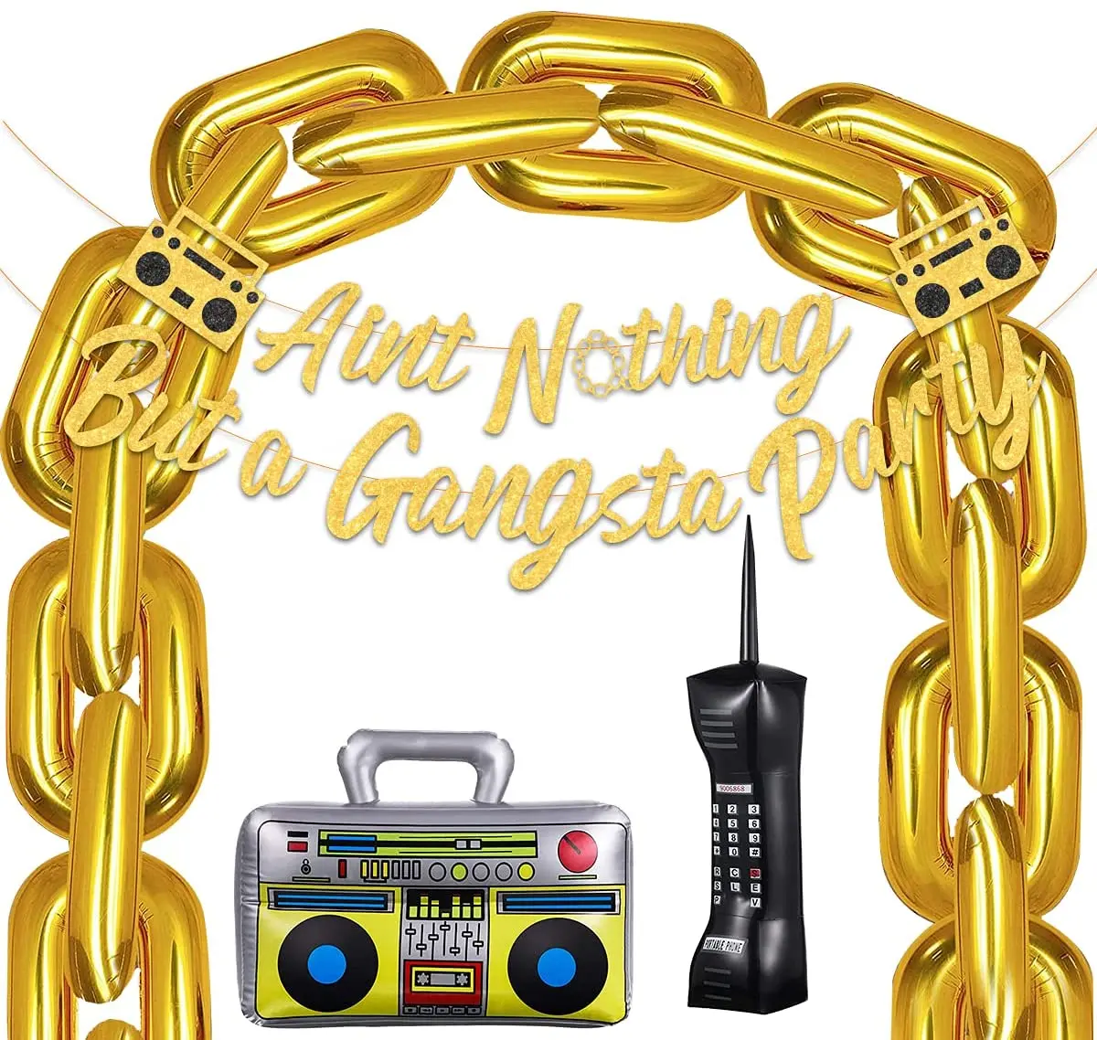 Hip Hop Birthday Party Decorations Ain't Nothing But A Gangsta Banner Jumbo Chain Balloons Retro 70s 80s 90s Radio Boombox Decor