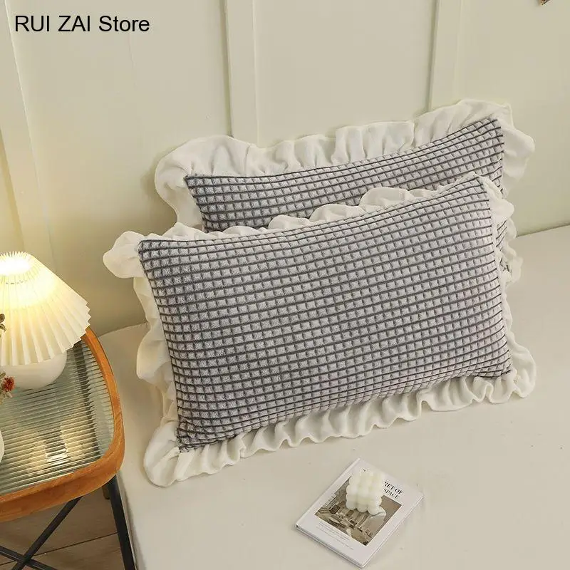 

48X74Cm Soft Flannel Pillowcase Cover with Pleated Ruffles Winter Milk Wool Pillowcases for Bed Classic Grid Pillow Cases