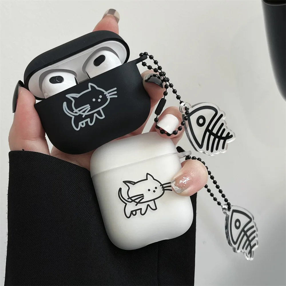 

Черно-белые матовые мягкие наушники, зарядное устройство для Airpods 3, симпатичная линия, кошка, Bluetooth, мягкий силиконовый чехол для Airpods 1 2