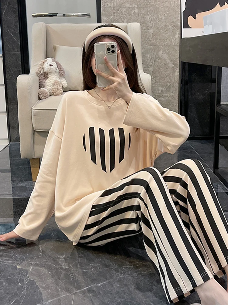 Pajamas Women Autumn and Winter Pure Cotton Long sleeve New Spring Summer Cute Set Plus size Student Hom...